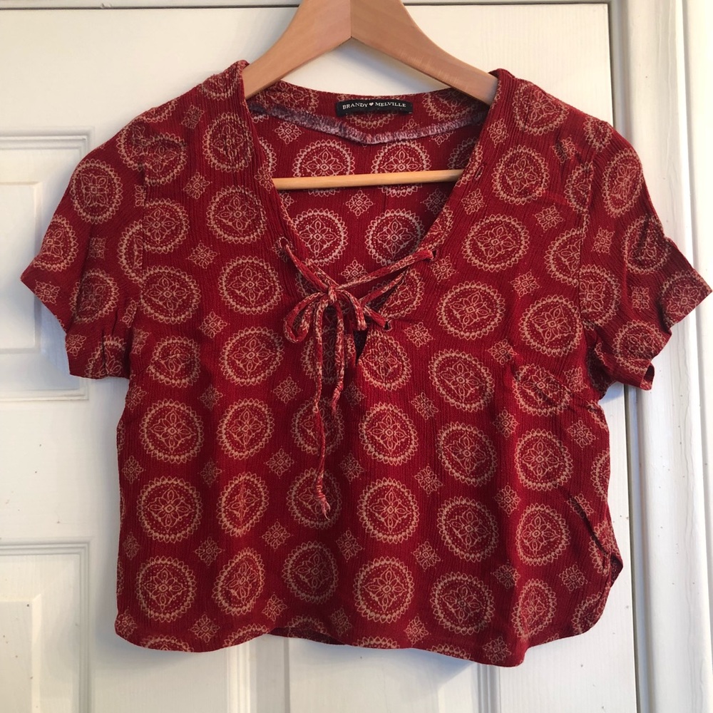 Brandy Melville Red Lace Up Crop Top Mandala Print